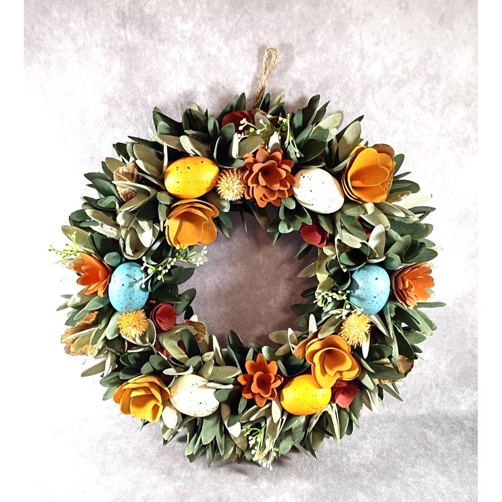 15"‎ Spring Flowers Easter Eggs Carved Shaved Curled Wooden Decorative Wreath